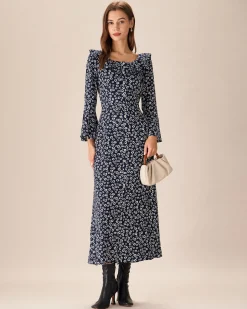 Blue Floral Ruffle Chiffon Maxi Dress