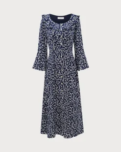 Blue Floral Ruffle Chiffon Maxi Dress