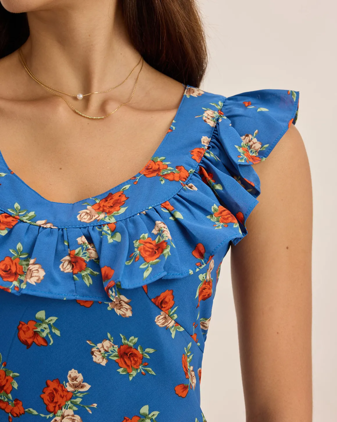Blue Floral Ruffle Sleeveless Maxi Dress