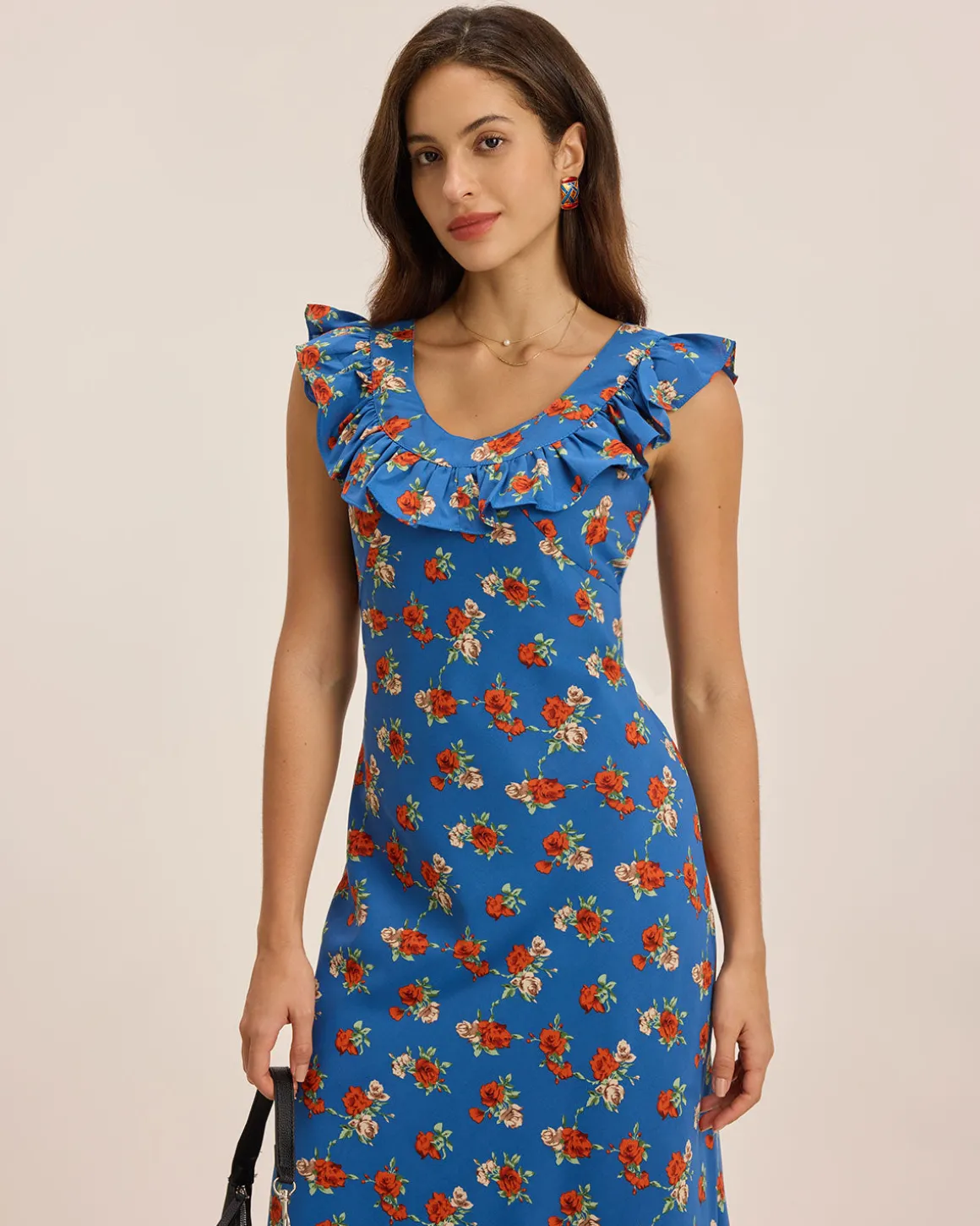 Blue Floral Ruffle Sleeveless Maxi Dress
