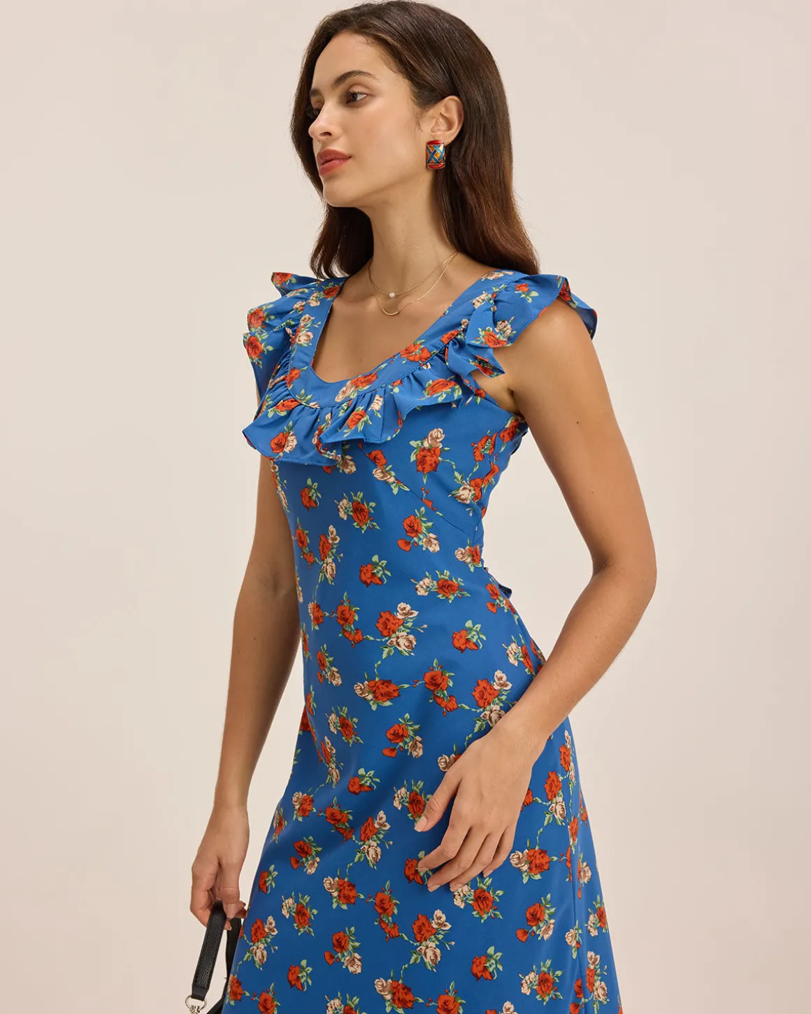 Blue Floral Ruffle Sleeveless Maxi Dress
