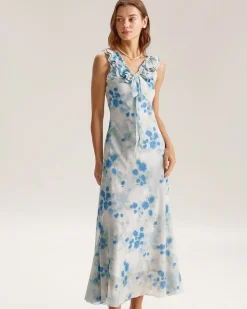 Blue Floral Ruffle V Neck Sleeveless Midi Dress