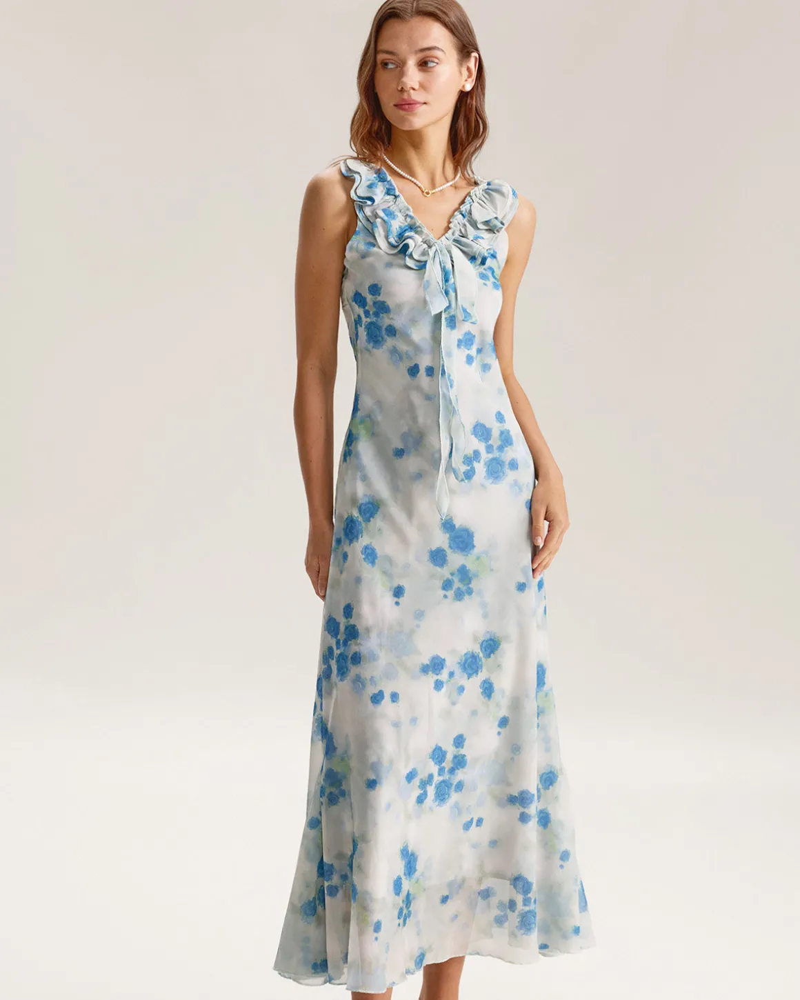 Blue Floral Ruffle V Neck Sleeveless Midi Dress