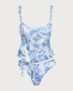 Blue Floral Ruffled Tankini Swimsuit