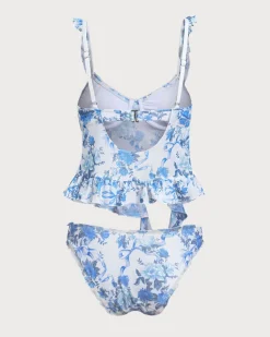 Blue Floral Ruffled Tankini Swimsuit