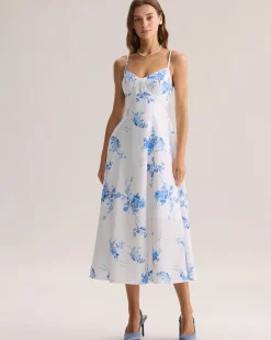 Blue Floral Shirred A-Line Slip Maxi Dress