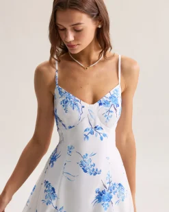 Blue Floral Shirred A-Line Slip Maxi Dress