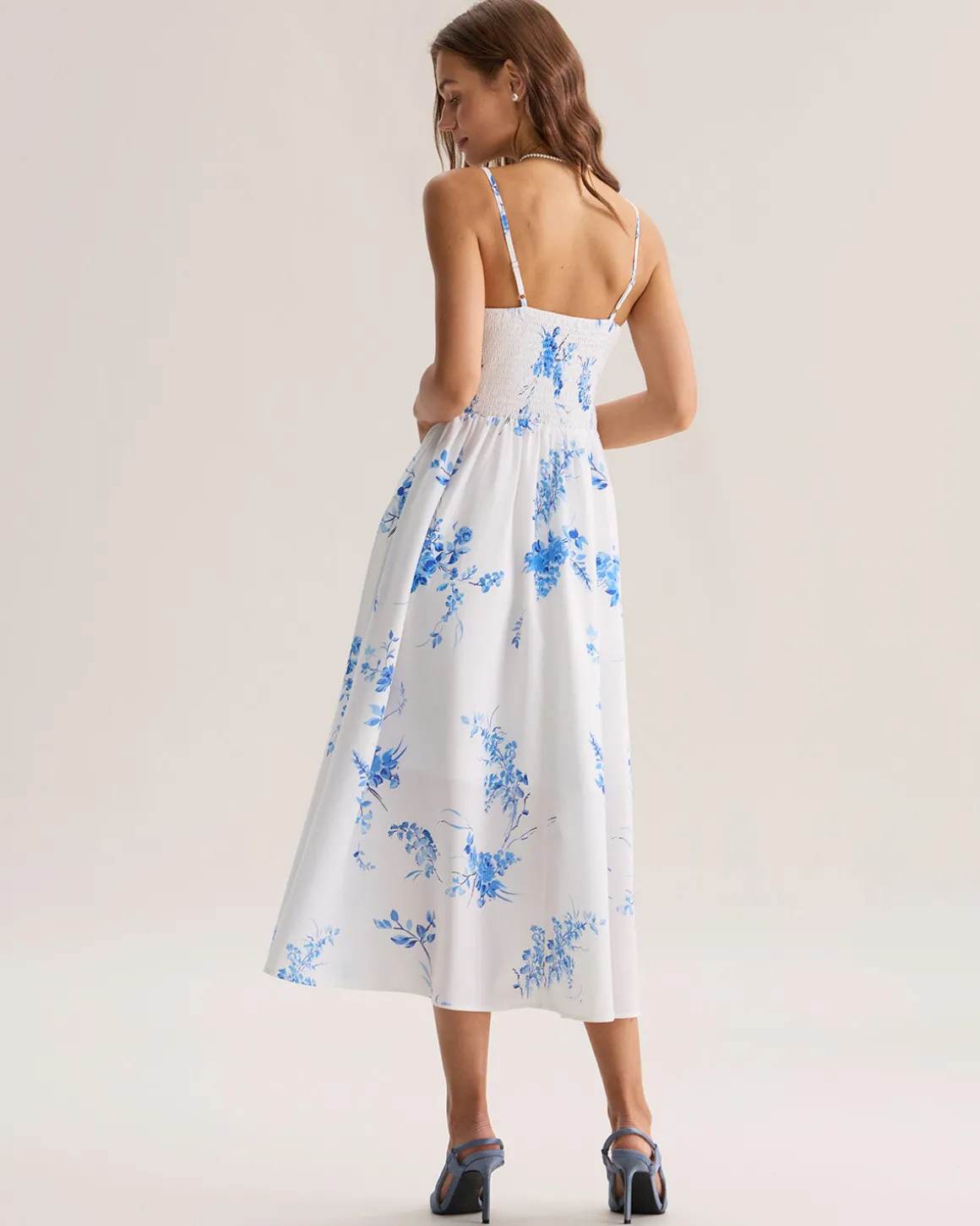 Blue Floral Shirred A-Line Slip Maxi Dress