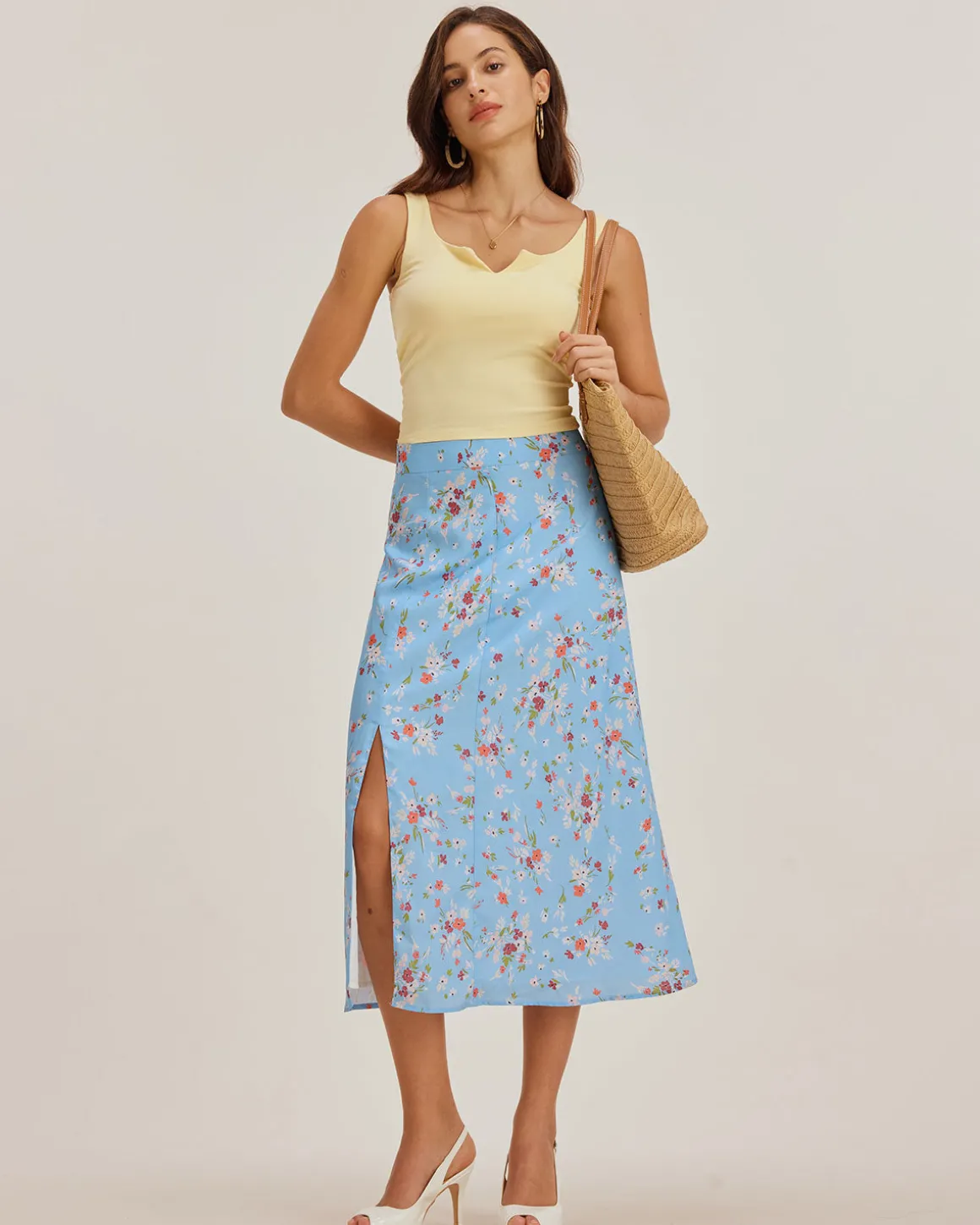Blue Floral Slit A-Line Midi Skirt