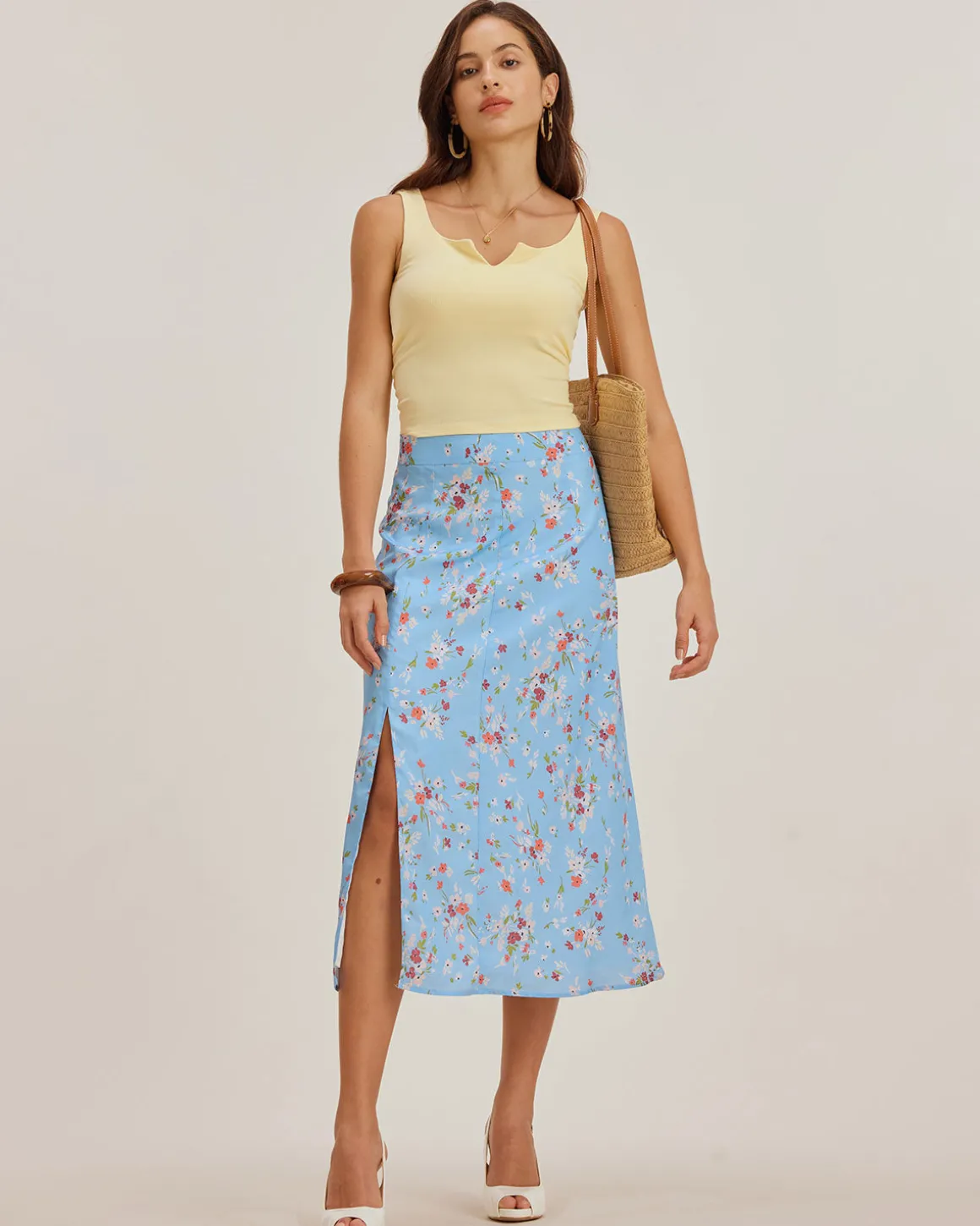 Blue Floral Slit A-Line Midi Skirt