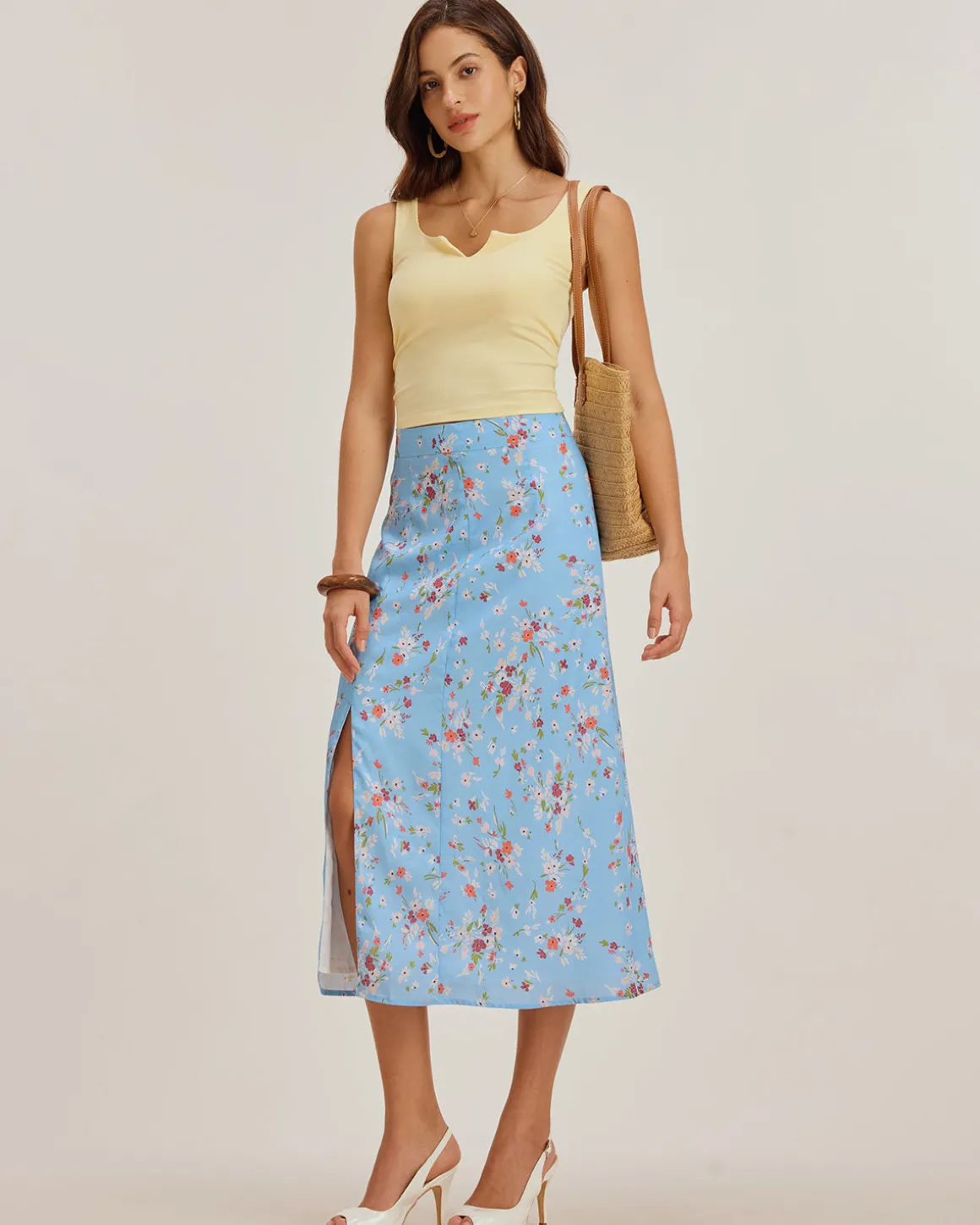 Blue Floral Slit A-Line Midi Skirt