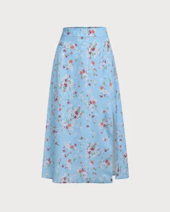 Blue Floral Slit A-Line Midi Skirt