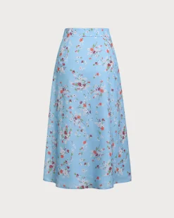 Blue Floral Slit A-Line Midi Skirt