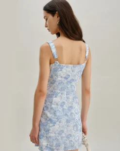 Blue Floral Square Neck A-Line Slip Mini Dress