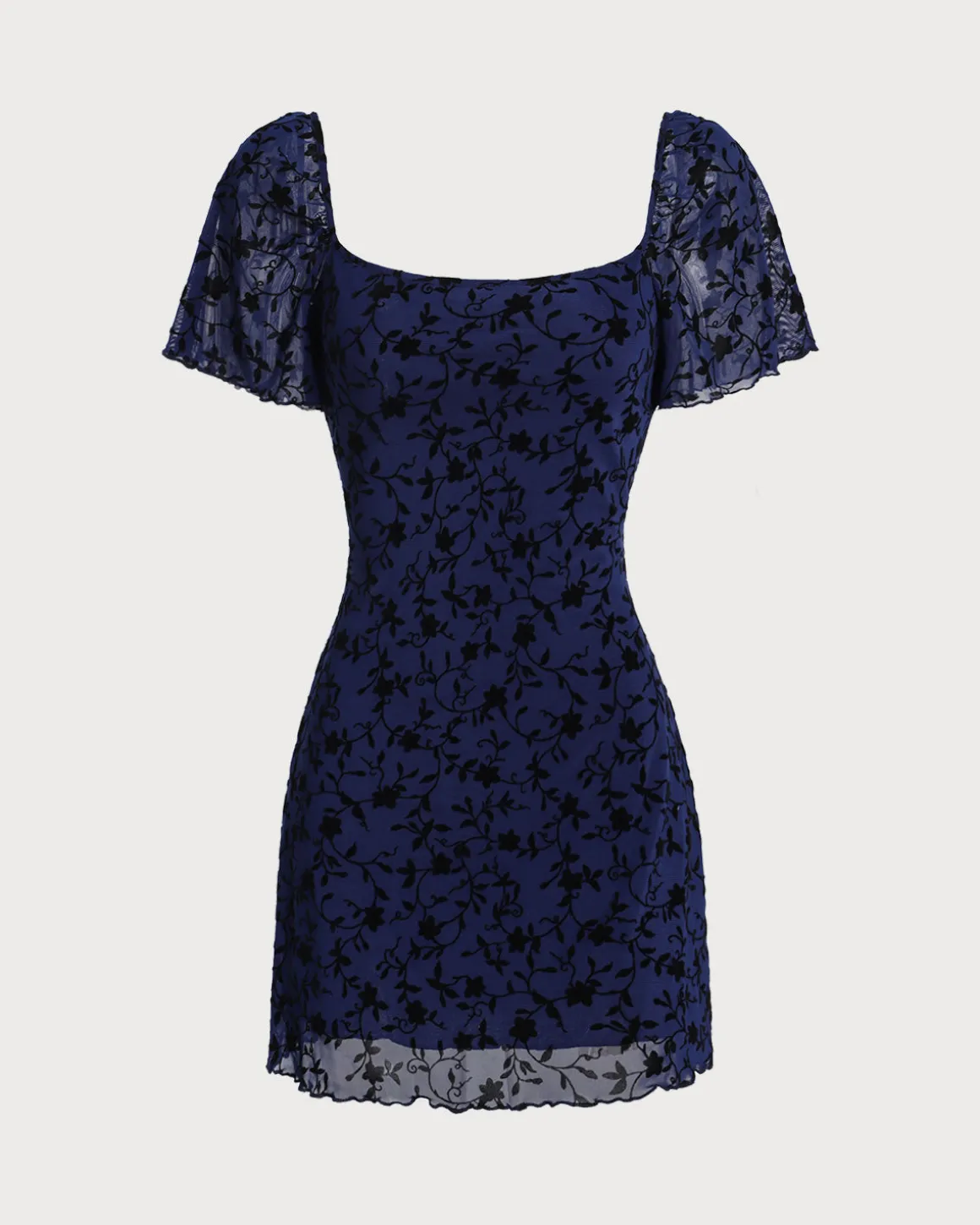 Blue Floral Square Neck Mesh Mini Dress