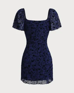 Blue Floral Square Neck Mesh Mini Dress