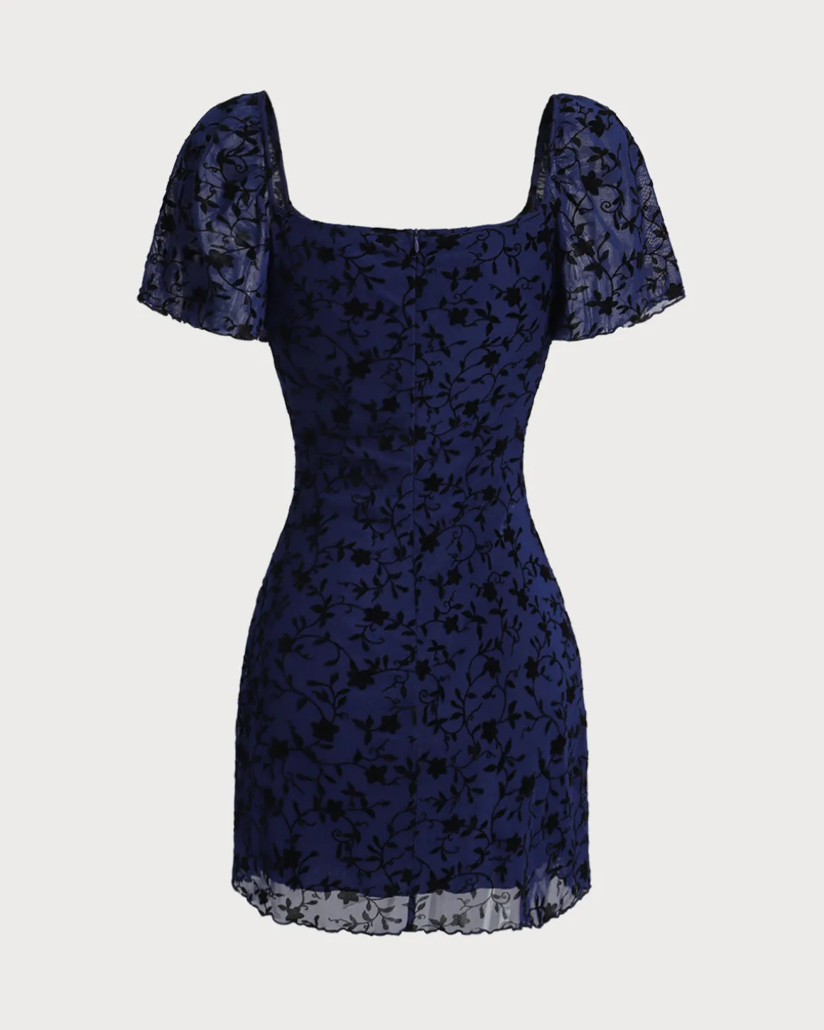 Blue Floral Square Neck Mesh Mini Dress