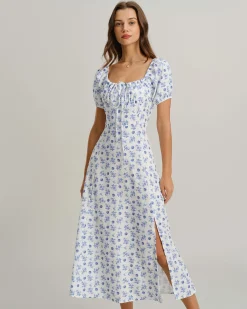 Blue Floral Square Neck Ruched Midi Dress