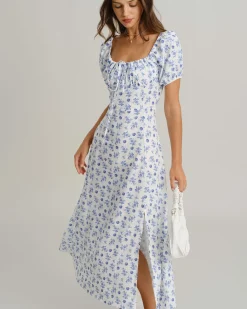 Blue Floral Square Neck Ruched Midi Dress