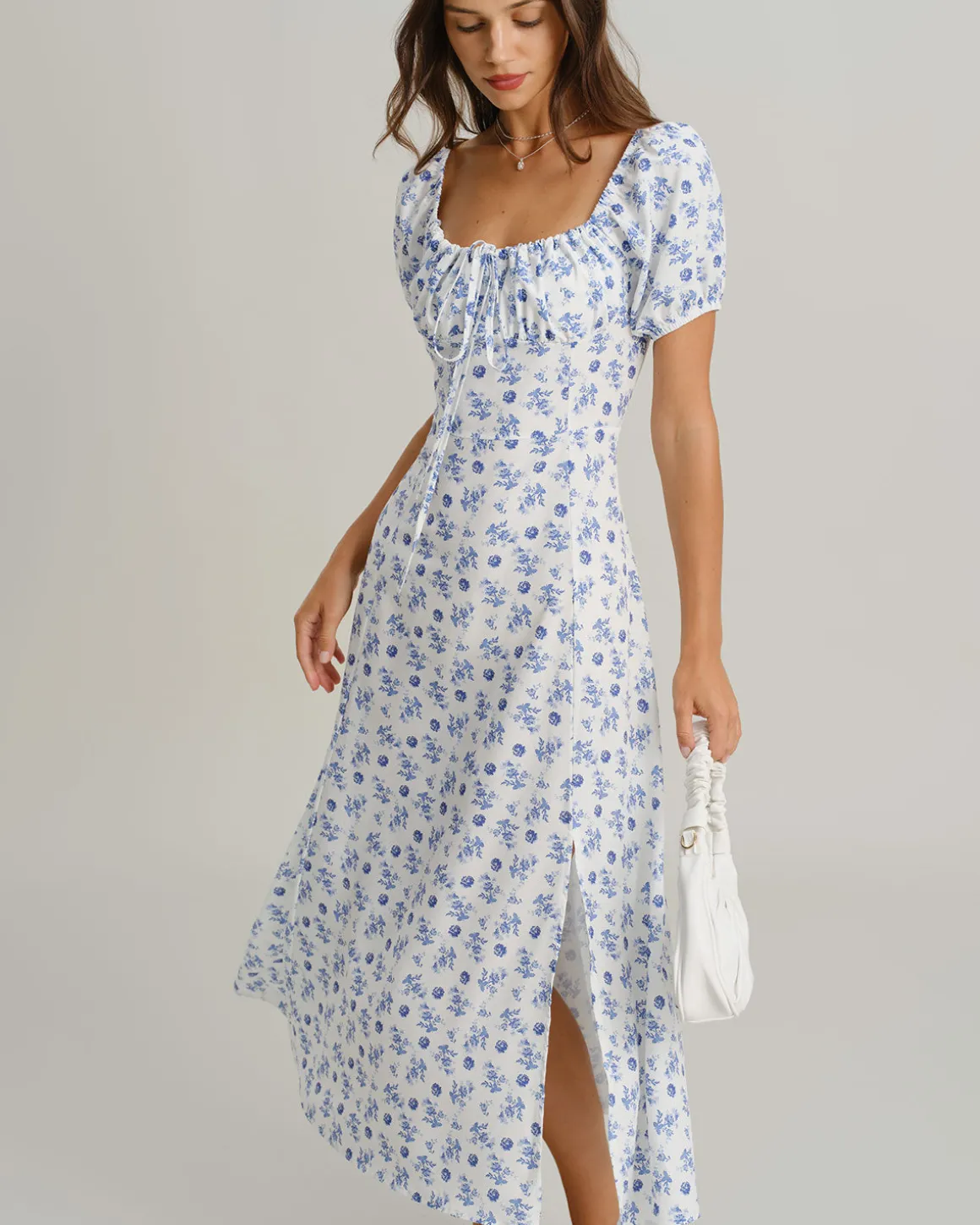 Blue Floral Square Neck Ruched Midi Dress
