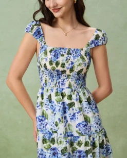 Blue Floral Square Neck Shirred Midi Dress