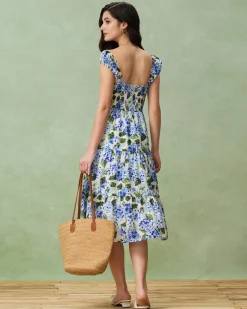 Blue Floral Square Neck Shirred Midi Dress
