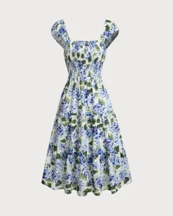 Blue Floral Square Neck Shirred Midi Dress