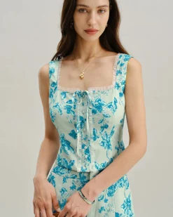 Blue Floral Square Tank Top