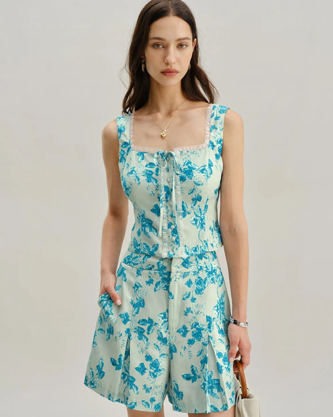 Blue Floral Square Tank Top