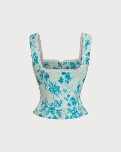 Blue Floral Square Tank Top