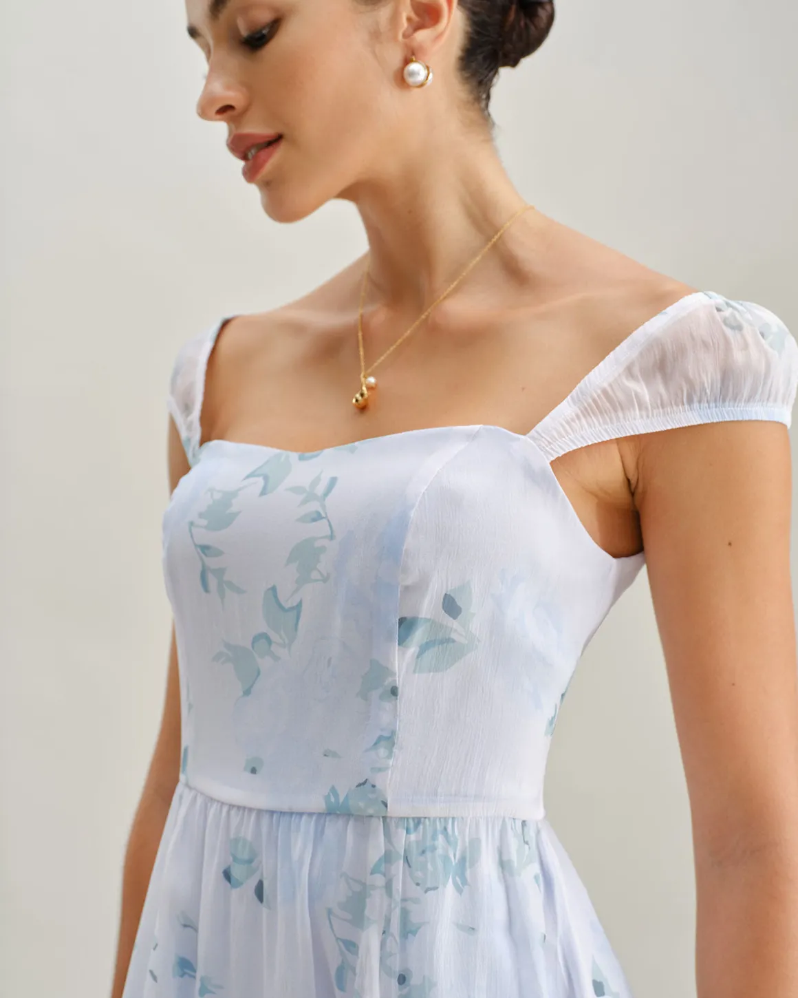 Blue Floral Sweetheart Neck Slip Midi Dress