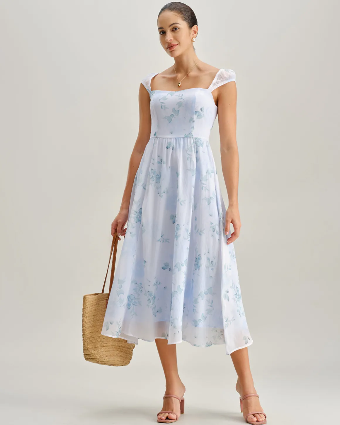 Blue Floral Sweetheart Neck Slip Midi Dress