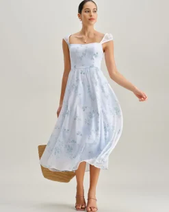 Blue Floral Sweetheart Neck Slip Midi Dress