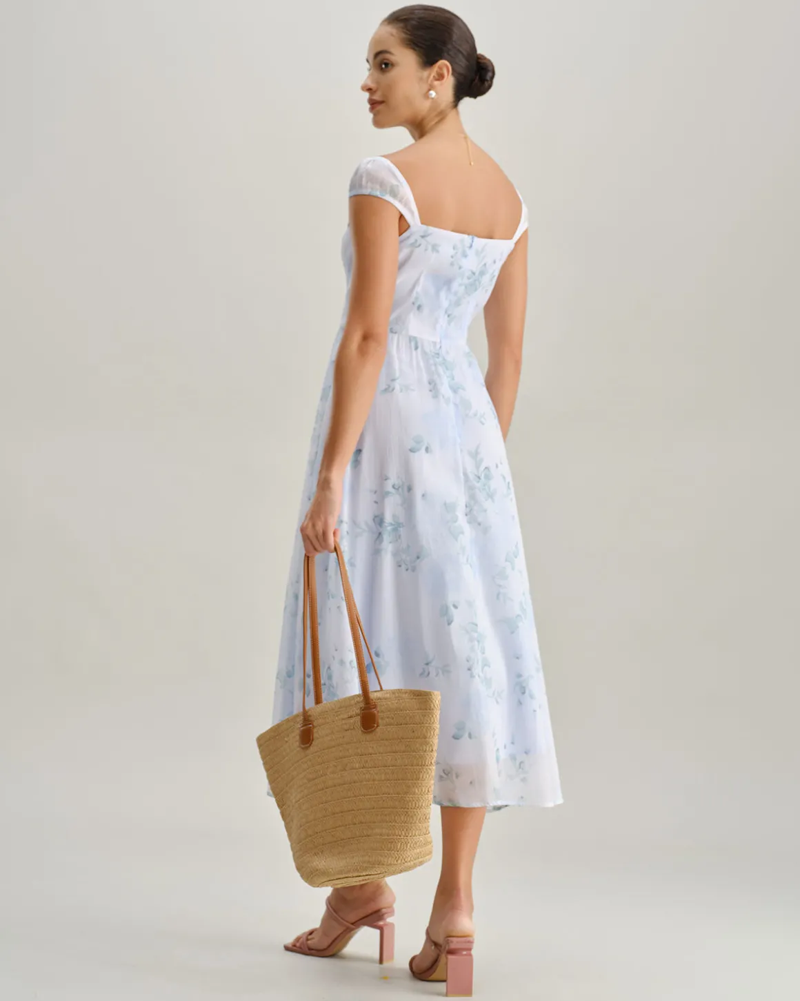 Blue Floral Sweetheart Neck Slip Midi Dress