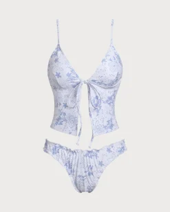 Blue Floral Tie Front Tankini Set