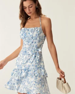 Blue Floral Tiered Halter Mini Dress