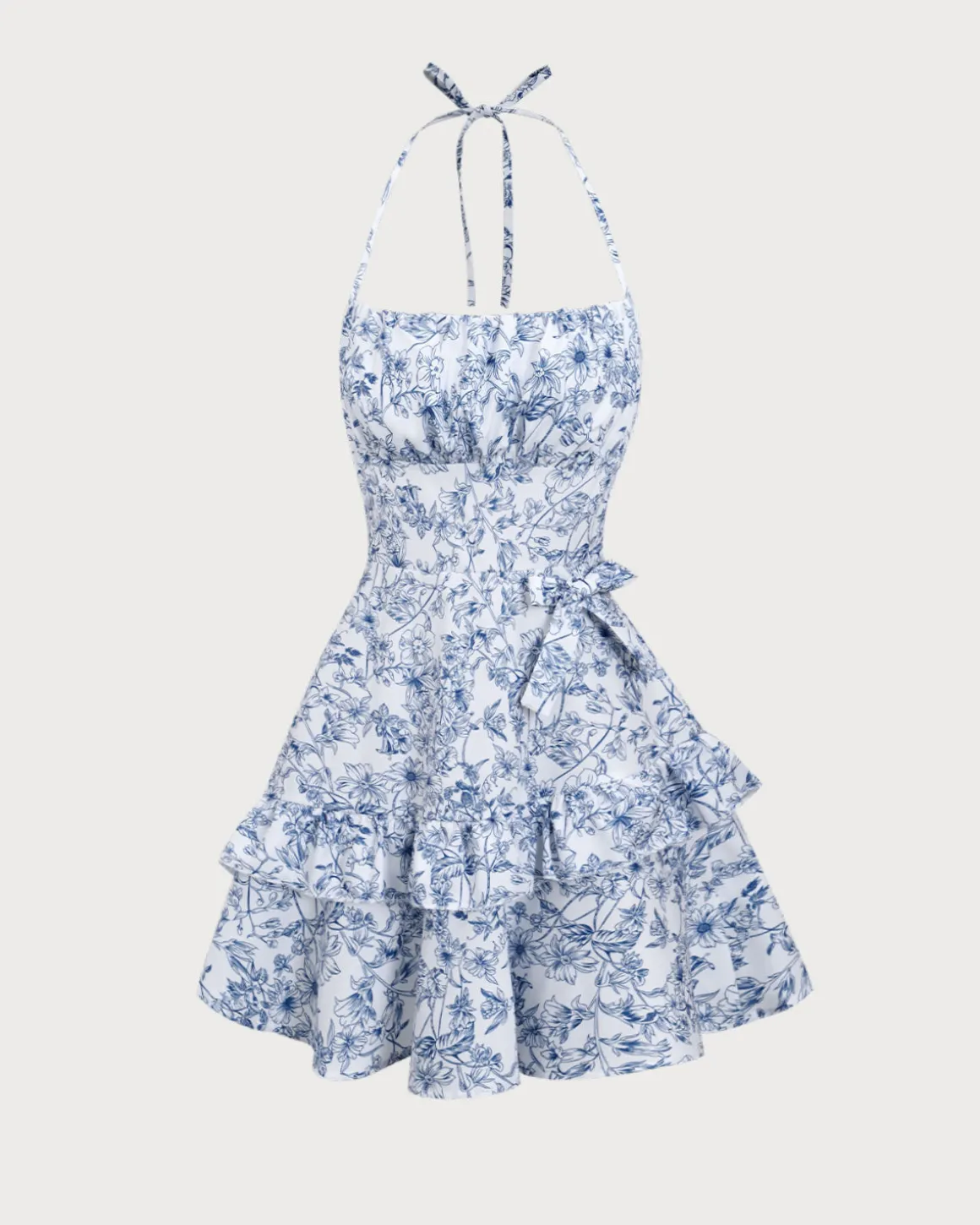 Blue Floral Tiered Halter Mini Dress