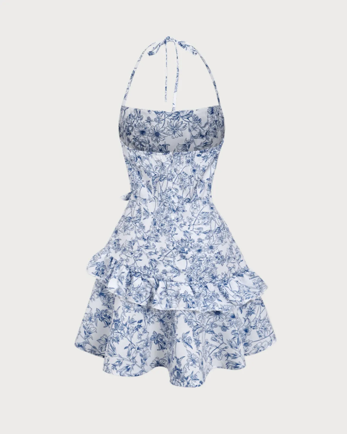 Blue Floral Tiered Halter Mini Dress