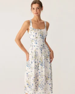 Blue Floral U Neck A-Line Midi Dress