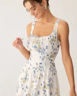 Blue Floral U Neck A-Line Midi Dress