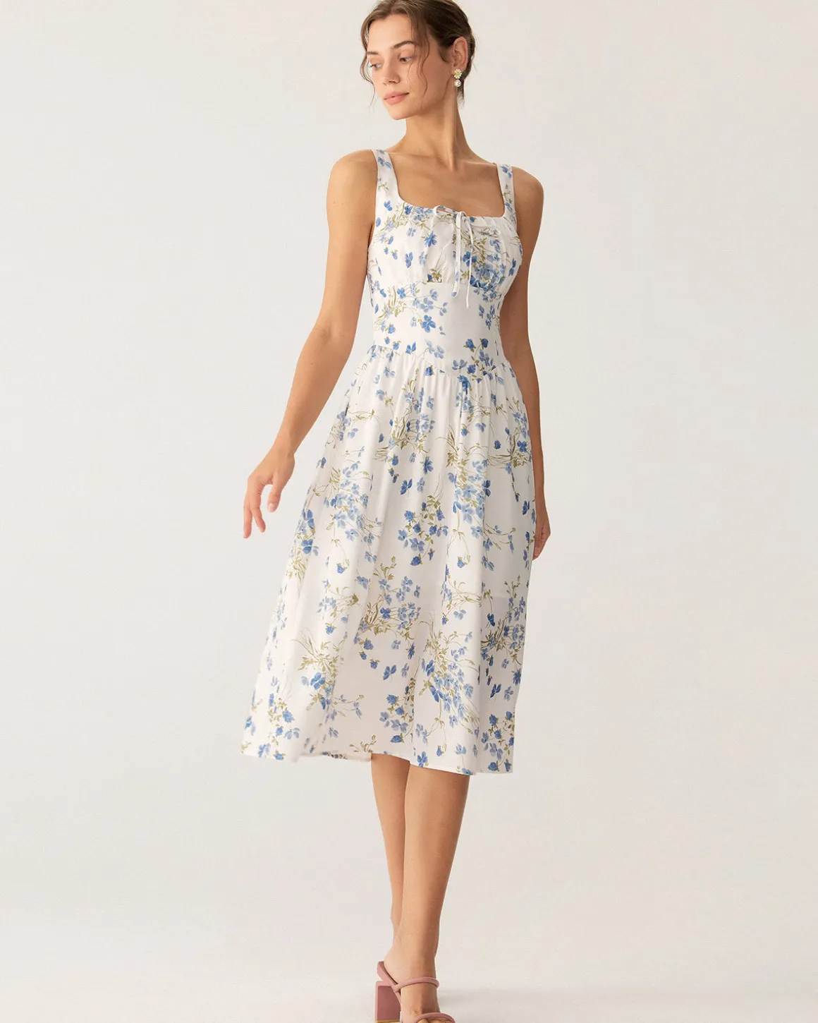 Blue Floral U Neck A-Line Midi Dress