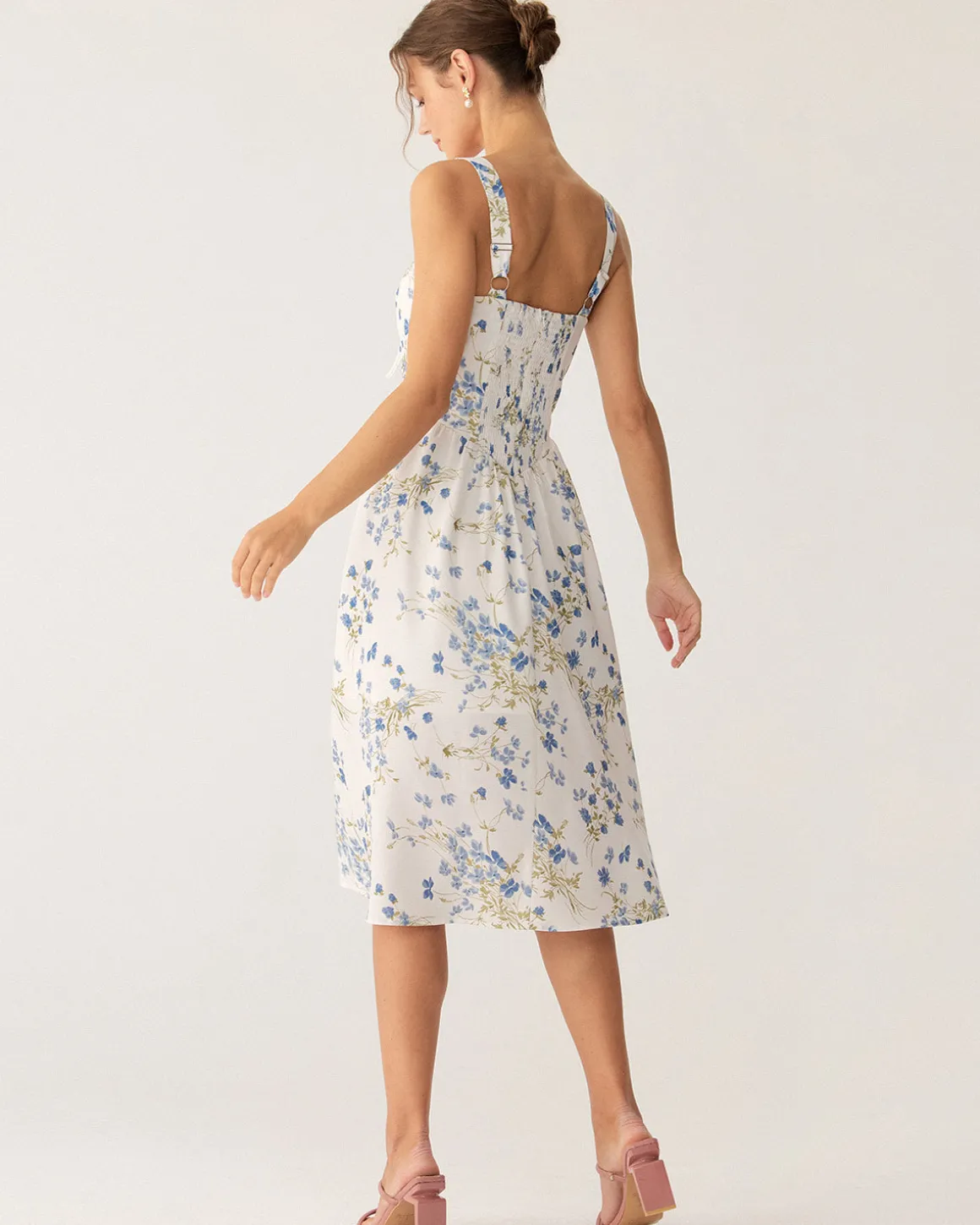 Blue Floral U Neck A-Line Midi Dress