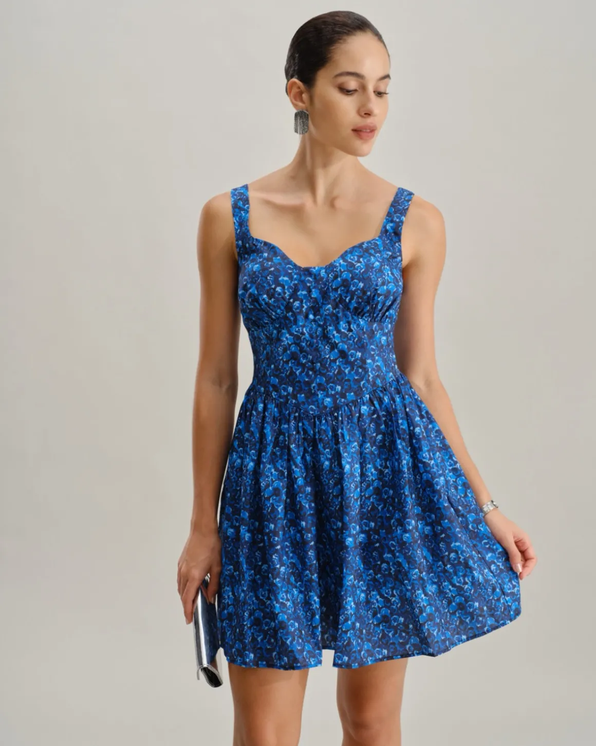 Blue Floral U-Neck Shirred Mini Dress