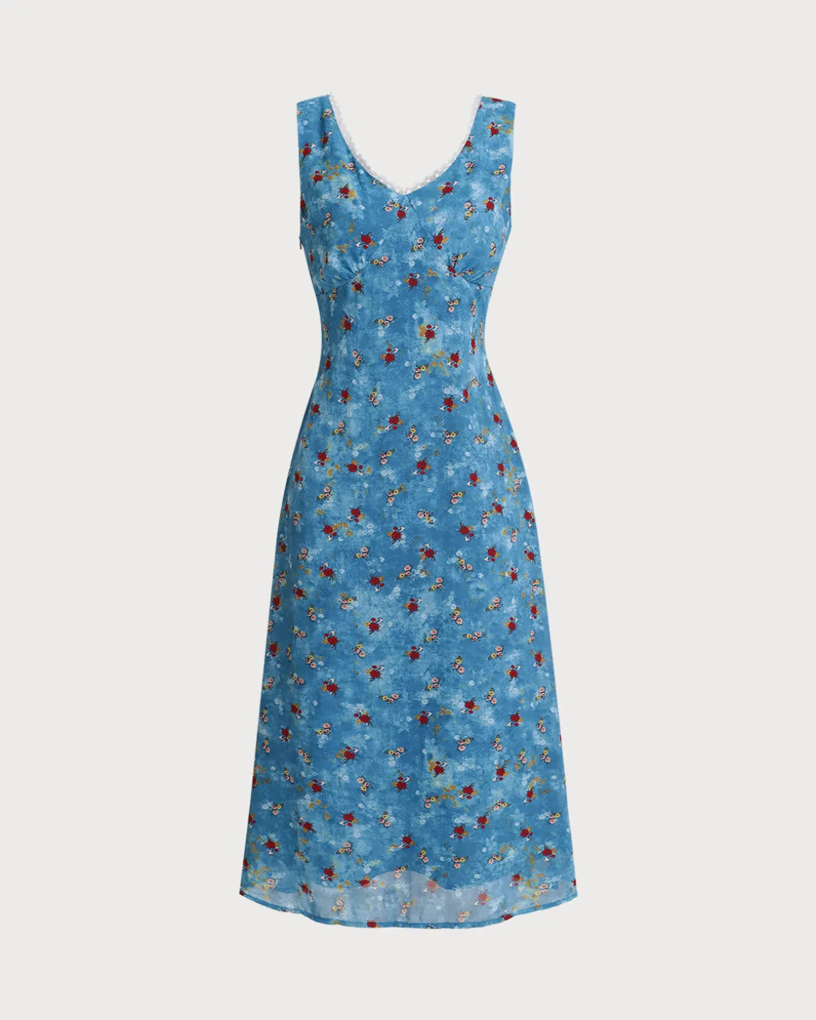 Blue Floral V Neck A-Line Sleeveless Midi Dress