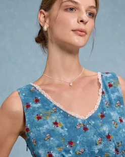 Blue Floral V Neck A-Line Sleeveless Midi Dress
