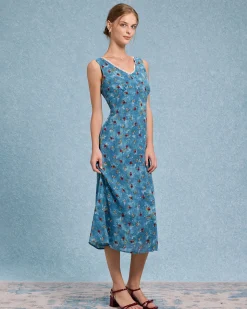 Blue Floral V Neck A-Line Sleeveless Midi Dress