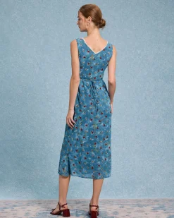 Blue Floral V Neck A-Line Sleeveless Midi Dress