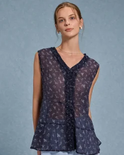 Blue Floral V Neck Button Tank Top