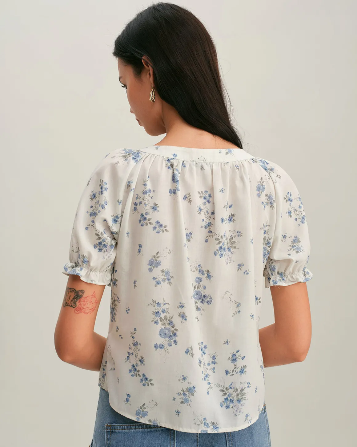 Blue Floral V Neck Button Blouse