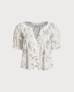 Blue Floral V Neck Button Blouse